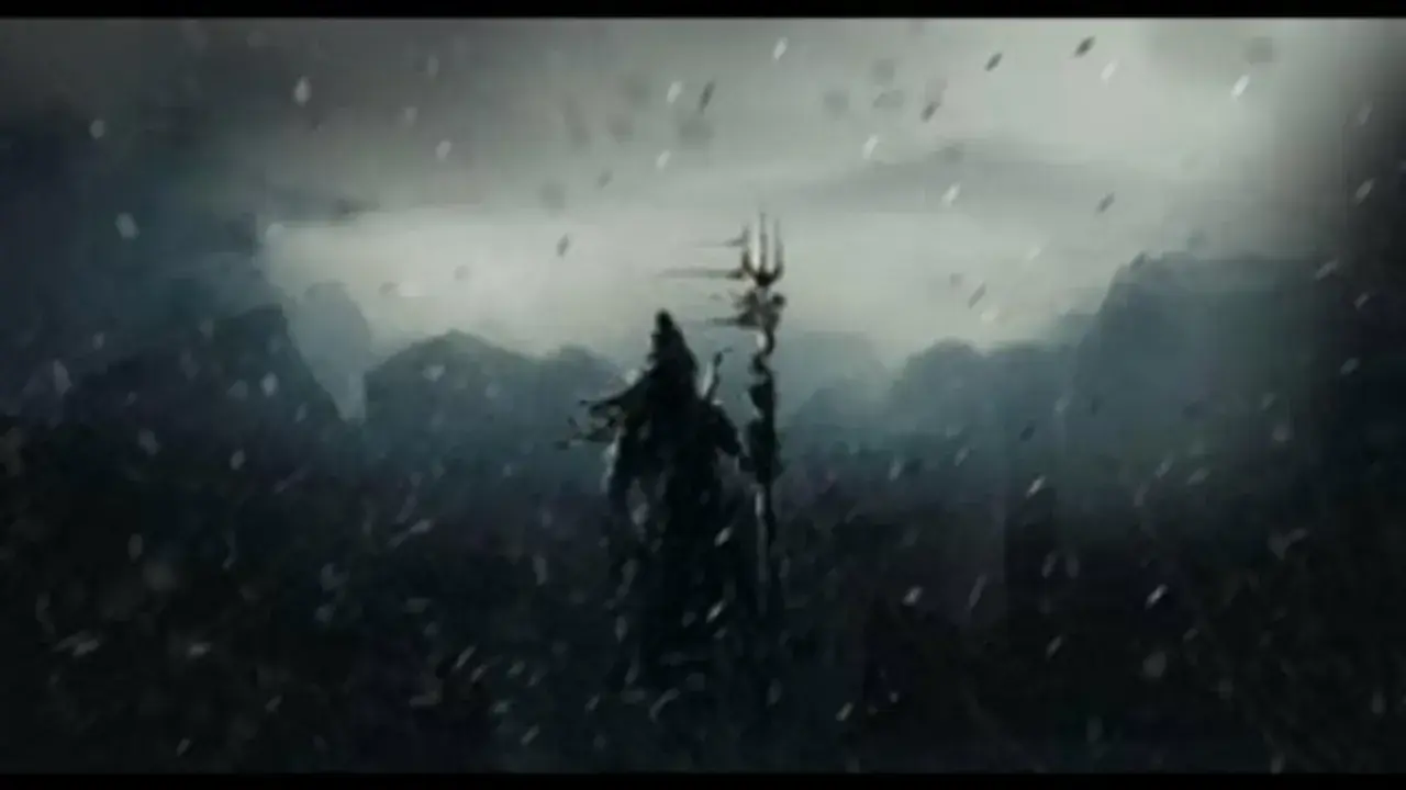 Mörk, dramatisk bild av Shiva med sitt trishul, som om han utför Shiv Tandav Stotram i en stormig, bergig miljö.