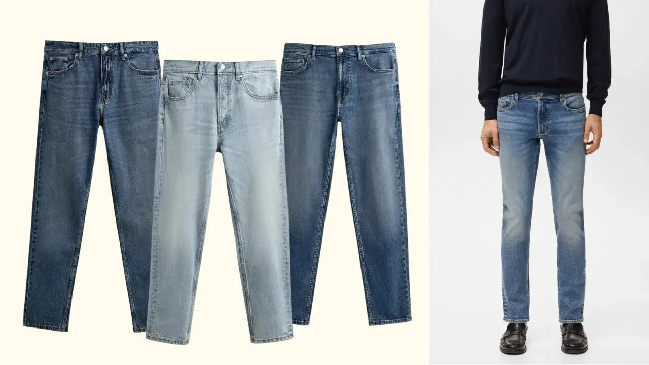 Tre paia di jeans in diverse tonalità di blu, con un uomo che indossa jeans slim fit. Il jeans slim fit significato è un taglio moderno e versatile.