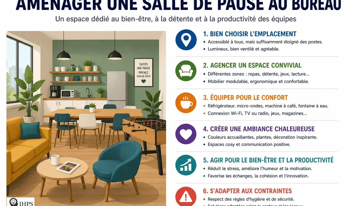 Une salle de pause conviviale avec canapé jaune, fauteuil bleu, table, chaises, baby-foot et cuisine équipée. Idéal pour la détente et la productivité.