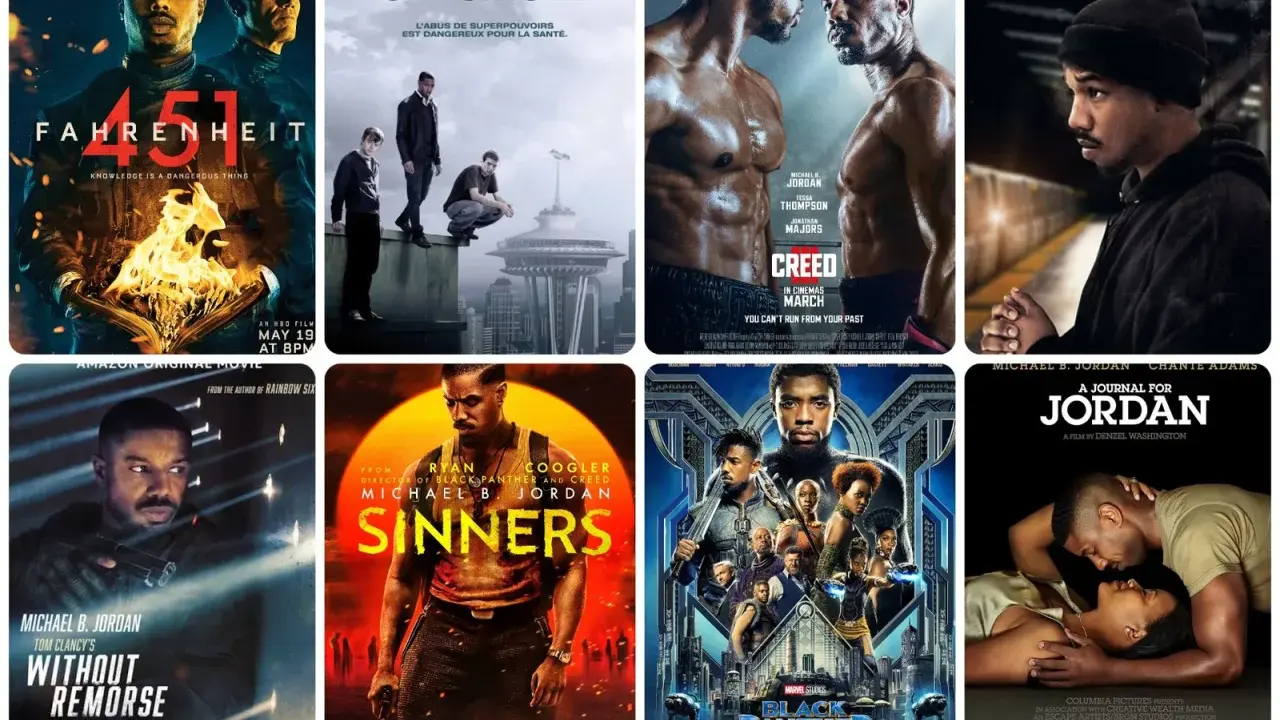 Affischer för filmer med Michael B. Jordan: Fahrenheit 451, Chronicle, Creed, Fruitvale Station, Without Remorse, Sinners, Black Panther och A Journal for Jordan.