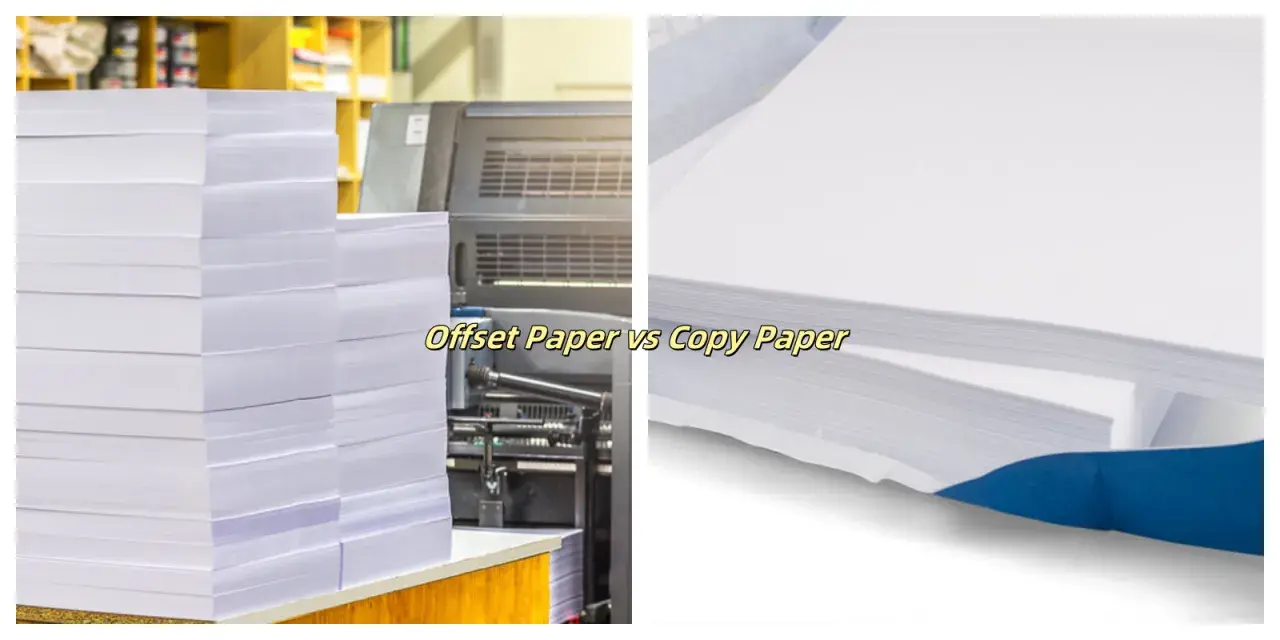 Pilares de papel para impresión offset y un fajo de papel couché o estucado en un paquete azul.