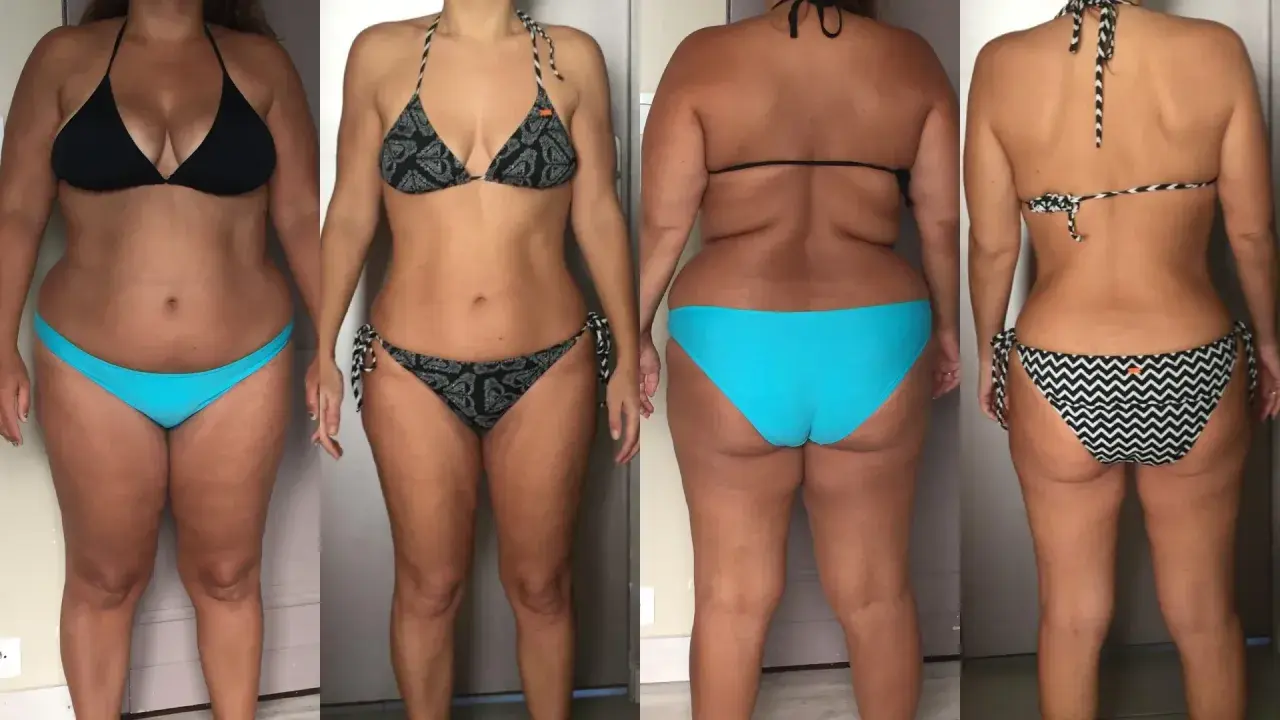 Avant/après : une femme en bikini montre sa silhouette, avec une perte de hanches visible.