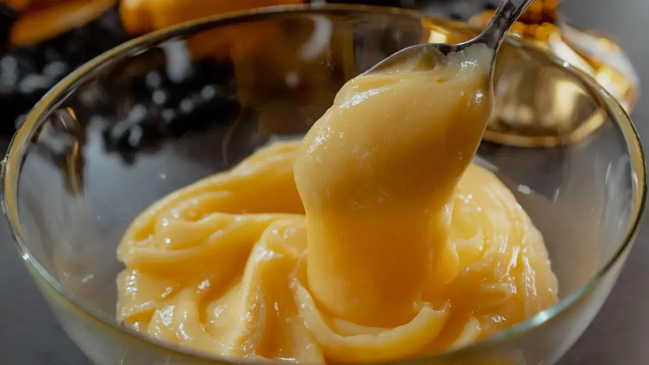 Cuillère prélevant une généreuse portion de crème pâtissière citron, onctueuse et dorée, dans un bol en verre. Des citrons flous en arrière-plan.