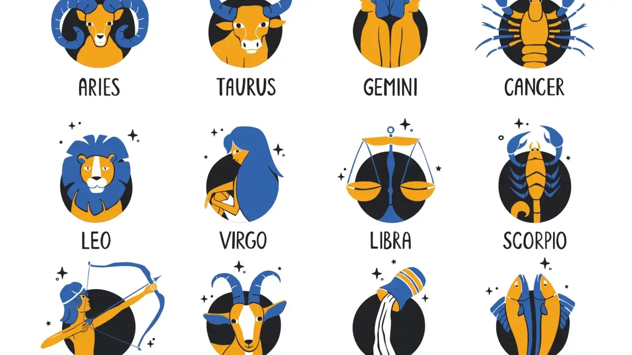 Ilustracje dwunastu znaków zodiaku: Baran, Byk, Bliźnięta, Rak, Lew, Panna, Waga, Skorpion, Strzelec, Koziorożec, Wodnik, Ryby.