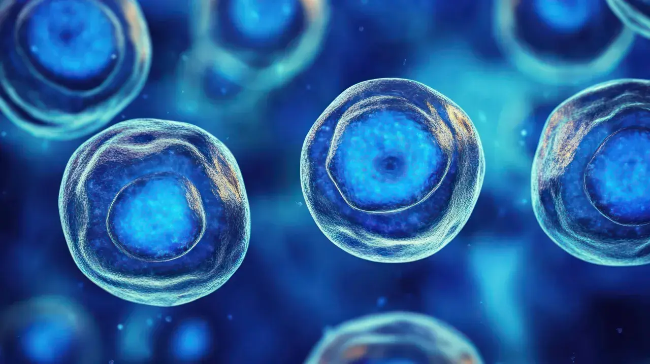 Cellule staminali: cosa sono? Immagine ravvicinata di cellule blu luminose con nuclei distinti, che suggeriscono potenziale rigenerativo.