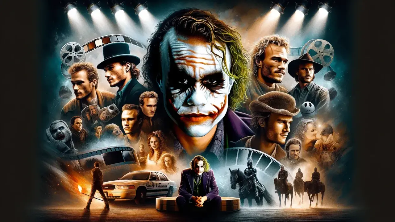 Hyllning till Heath Ledger och hans ikoniska filmer. Joker dominerar, omgiven av scener och porträtt från hans karriär.