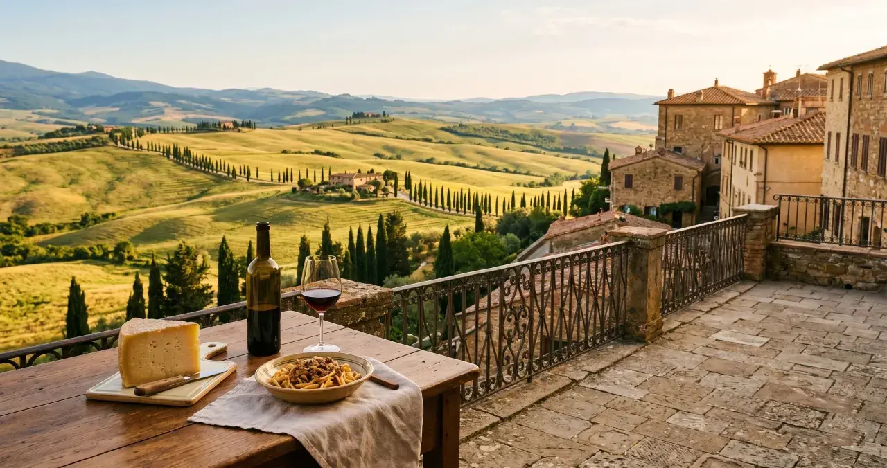 Un pasto delizioso con pasta, formaggio e vino rosso, perfetto per mangiare a Pienza, con vista sulle colline toscane.
