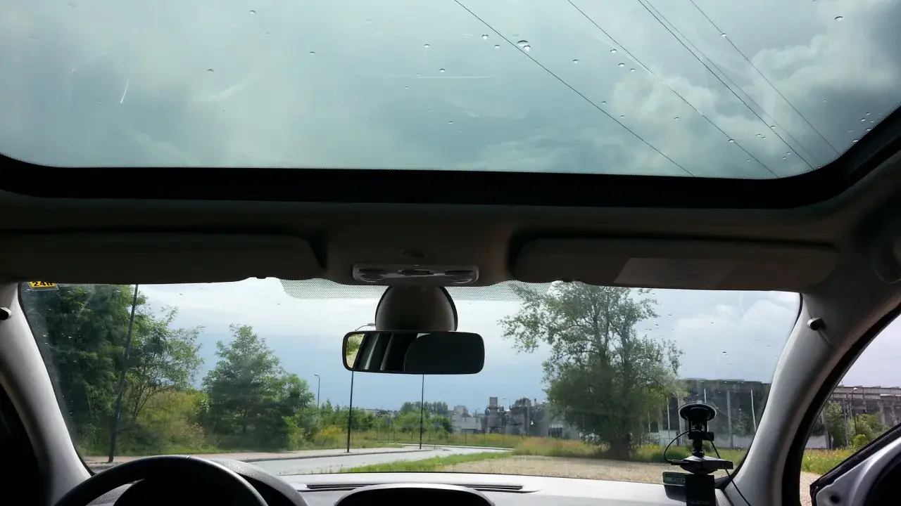 Widok z wnętrza samochodu z panoramicznym dachem, przez który widać niebo i drzewa. Krople deszczu na szybie.
