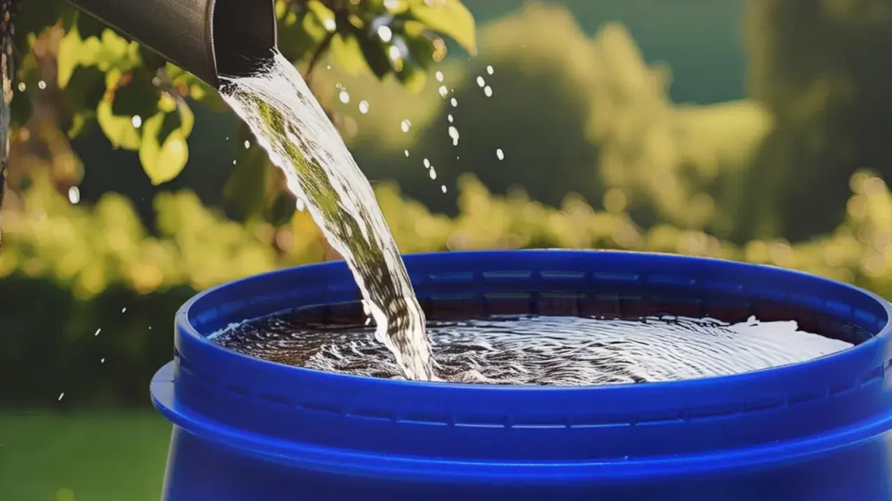 Un tubo gris vierte agua clara en un barril azul, demostrando cómo canalizar agua de lluvia para su reutilización.