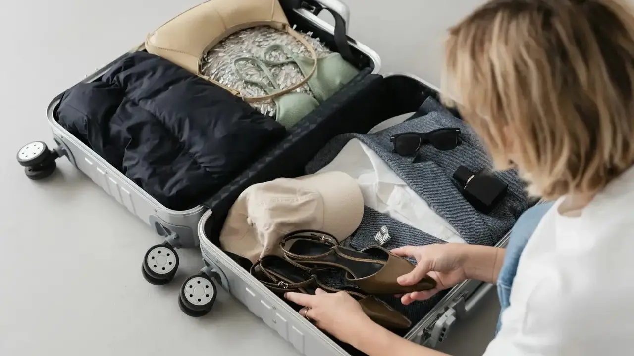 Packar **swiss handbagage** med kläder, skor, väska och accessoarer.