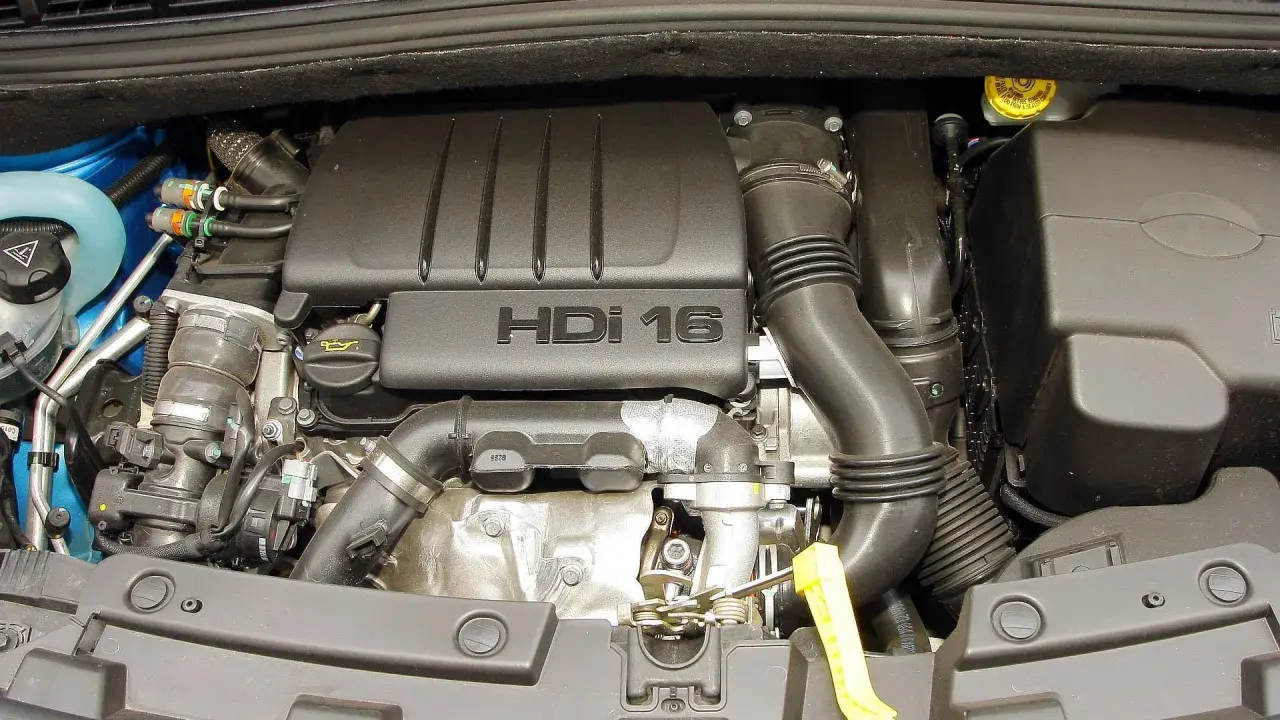 Silnik HDI 16 w Citroenie C4. Widoczny jest czarny plastikowy dekiel z napisem "HDI 16", przewody, rury dolotowe i inne elementy jednostki napędowej.