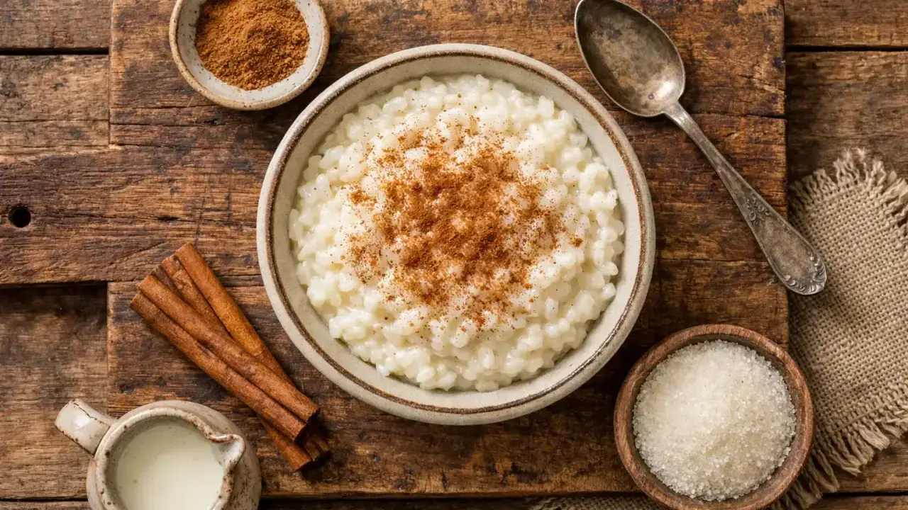 Cremiger Milchreis mit Zimt, Zucker und Zimtstangen. Ist Milchreis gesund? Mit wenig Zucker und Vollkornreis ja!