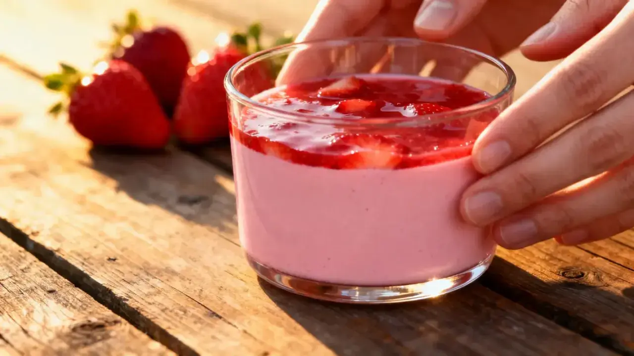 Délicieux panna cotta fraise, onctueux et fruité, servi dans un verre sur une table en bois. Des fraises fraîches sont disposées à côté.