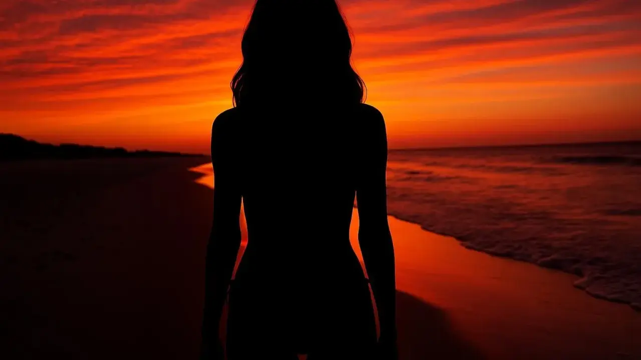 Silueta de una mujer en la playa al atardecer, con el cielo en tonos naranjas y rojos intensos.