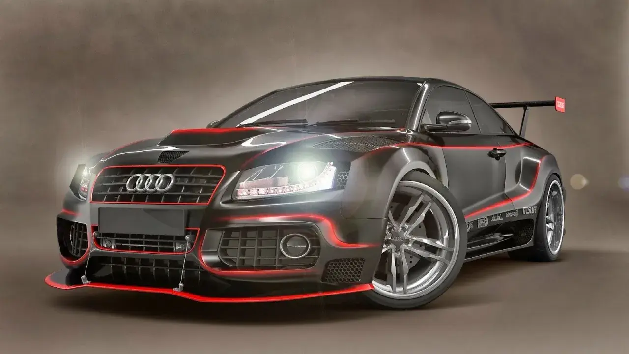 Audi negro con detalles rojos, un coche deportivo de alta gama. ¿Audi de donde es? De Alemania, ¡pura ingeniería!
