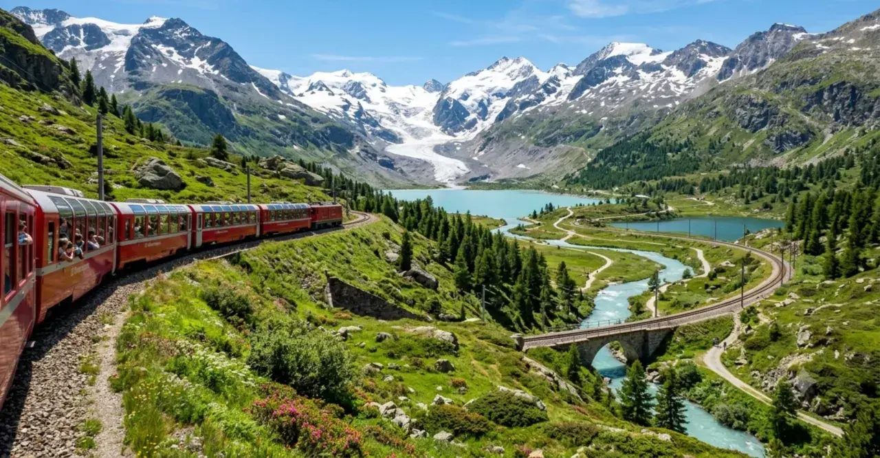 Il trenino del Bernina percorre un paesaggio alpino mozzafiato, con laghi turchesi, montagne innevate e verdi pendii fioriti.