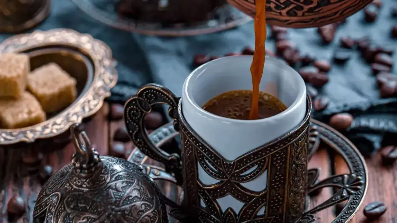Heißer Mokka wird in eine verzierte Tasse gegossen. Der Unterschied zwischen Mokka und Espresso liegt in der Zubereitung und Intensität.