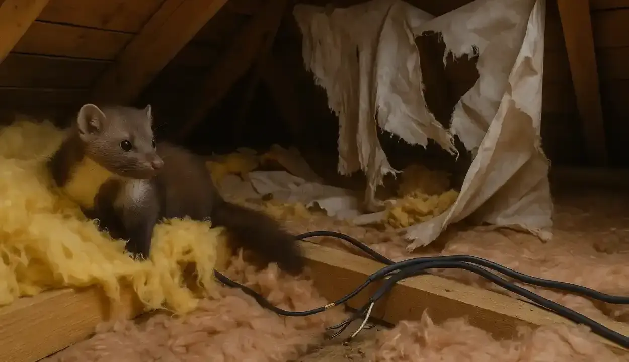 Kuna na poddaszu, wśród wełny mineralnej i zniszczonej tkaniny, szuka schronienia.