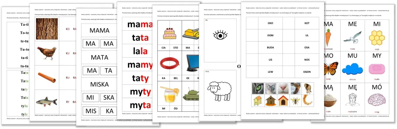 Obrazki do nauki mowy do druku: karty z literami, obrazkami i słowami do ćwiczeń czytania i mówienia.