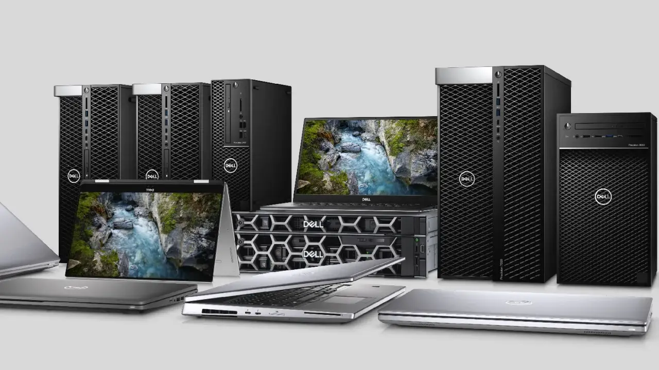Różnorodne rodzaje obudów komputerowych Dell: laptopy, stacje robocze i serwery.