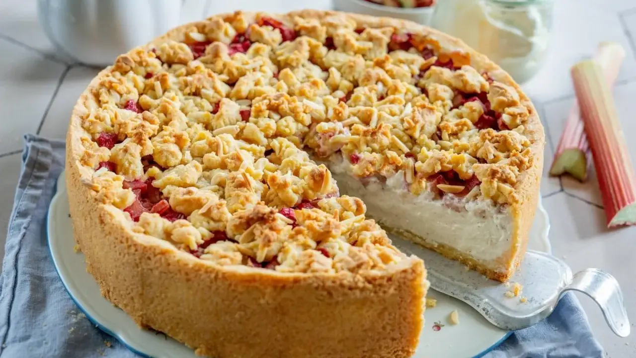Saftiger Rhabarber Schmand Kuchen mit knuspriger Streuseldecke, ein Genuss für jeden Kaffeetisch.