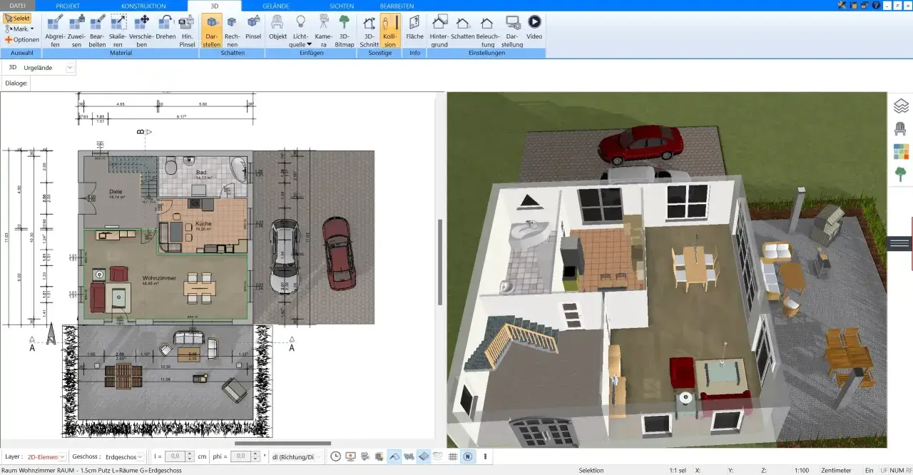 Ein 3D-Grundriss zeigt ein Haus mit Wohnzimmer, Küche, Bad und Diele. Der schlafzimmer grundriss ist Teil des Erdgeschosses.