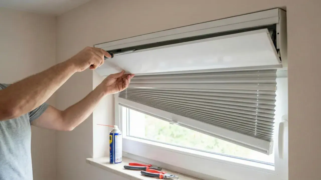 Persona intenta abrir tapa persiana PVC con destornillador. No puedo abrir tapa persiana PVC.