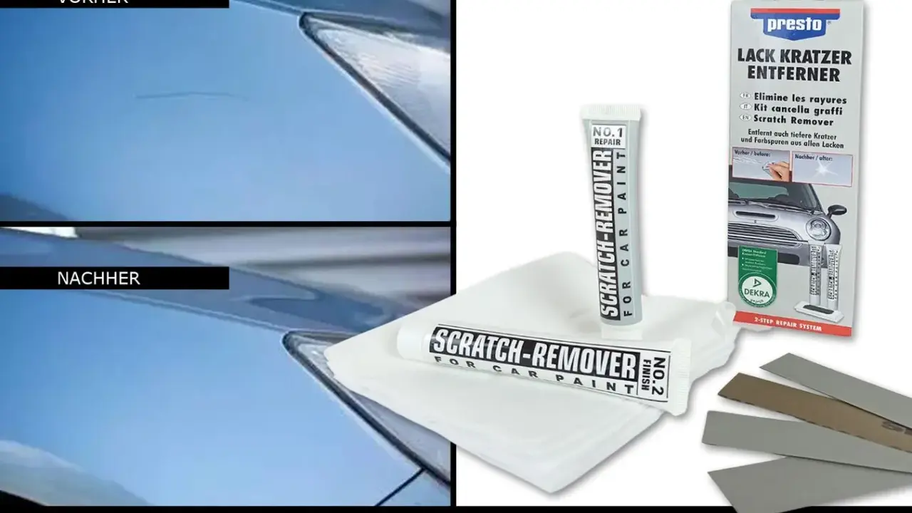 Vorher/Nachher-Vergleich zeigt effektive Kratzerentfernung. Geringe auto kratzer entfernen kosten mit diesem Set.