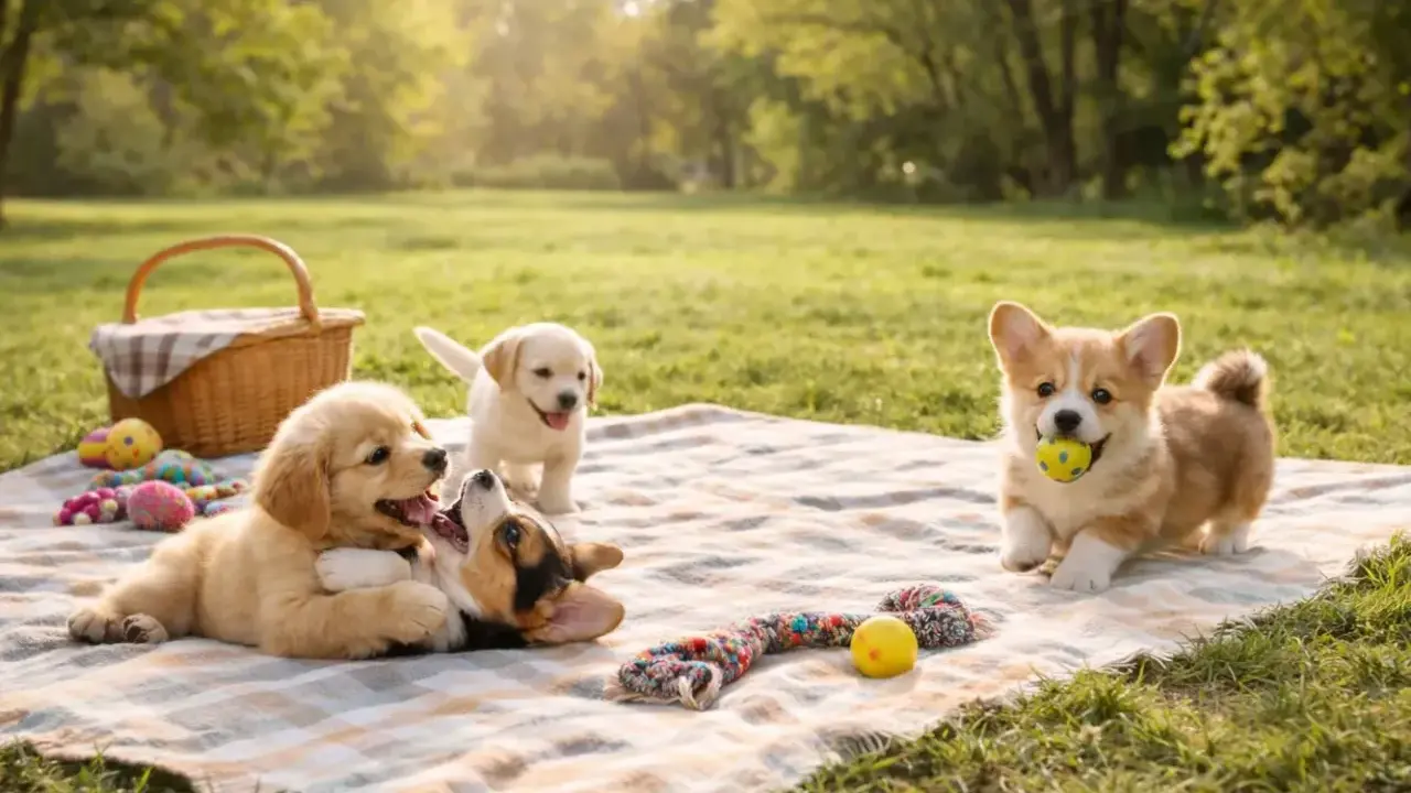 Szukasz imion dla psa chłopaka? Trzy urocze szczenięta, corgi, golden retriever i labrador, bawią się na pikniku.