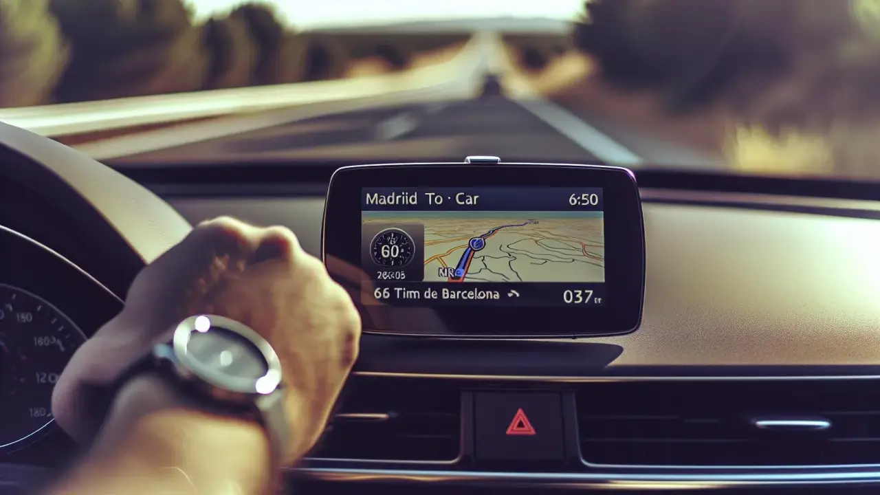 Navegando por la carretera, el GPS muestra la ruta de Madrid a Barcelona, indicando 66 km restantes.