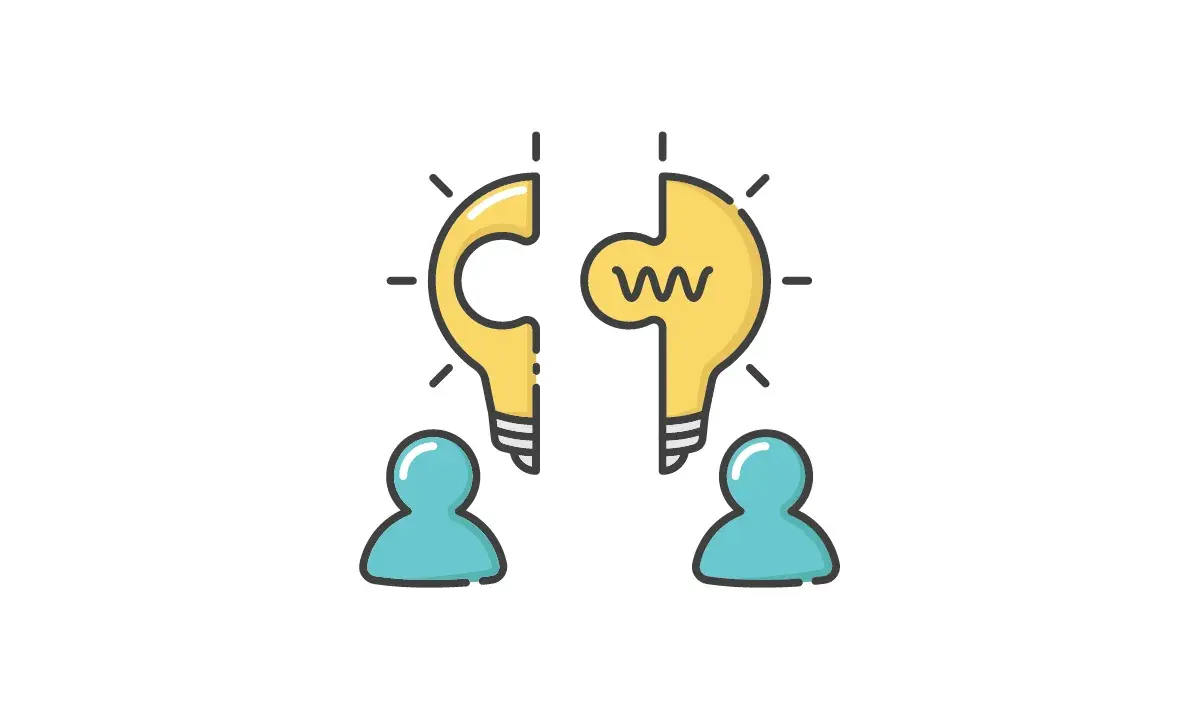 Dwie połówki żarówki symbolizujące pomysł, połączone przez dwie postacie. To metafora współpracy i innowacji w marketingu lateralnym.