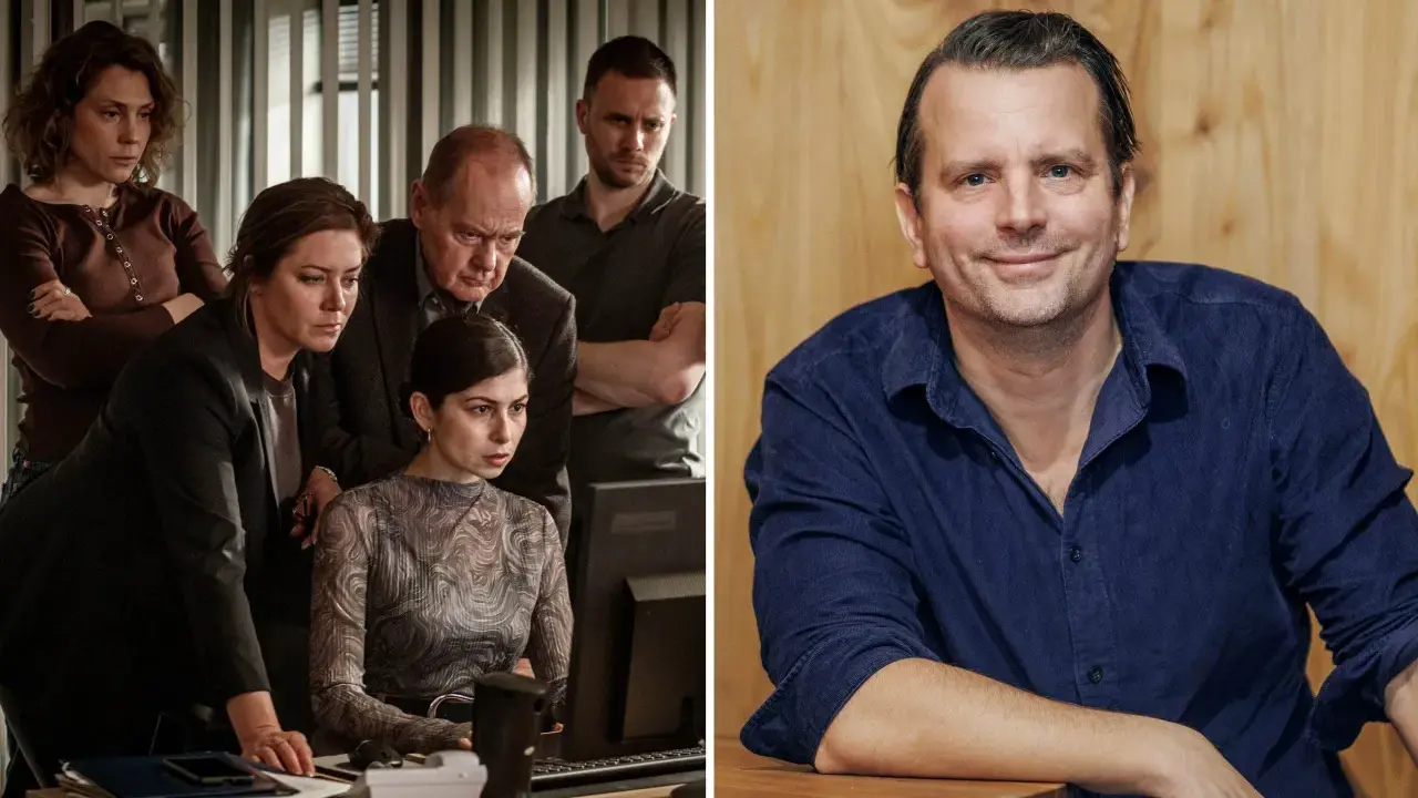 En grupp utredare samlade runt en datorskärm, och en leende man i blå skjorta. Kanske en scen från filmer och tv-program med Måns Nathanaelson.