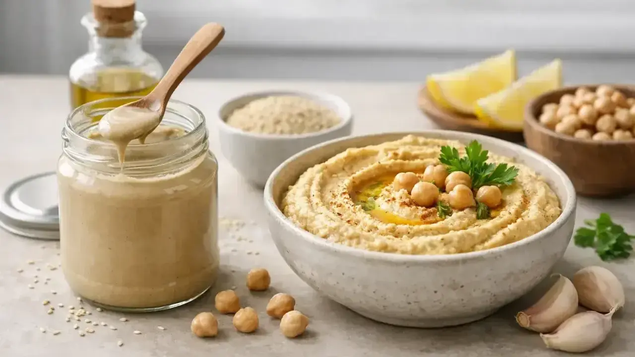 Pyszny hummus z ciecierzycą, czosnkiem i oliwą. Słoik z kremowym tahini, które jest kluczowym składnikiem.