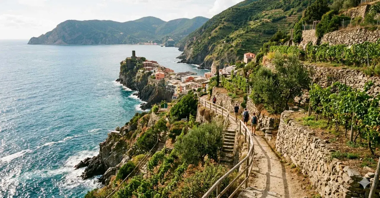 Sentiero panoramico tra i vigneti delle Cinque Terre, con vista sul mare blu e sui colorati borghi aggrappati alla scogliera.