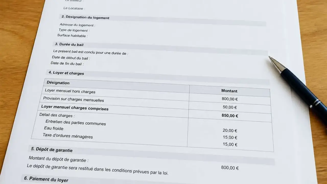 Extrait d'un contrat de bail location détaillant le loyer mensuel hors charges (800€), les provisions sur charges (50€) et le dépôt de garantie (800€).