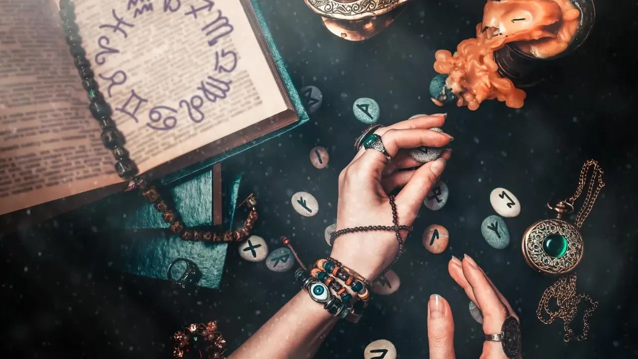 Ręce trzymają kamienie z runami, obok księga z symbolami zodiaku. To wszystko sugeruje, że godzina urodzenia numerologia może być kluczem do odczytania przyszłości.