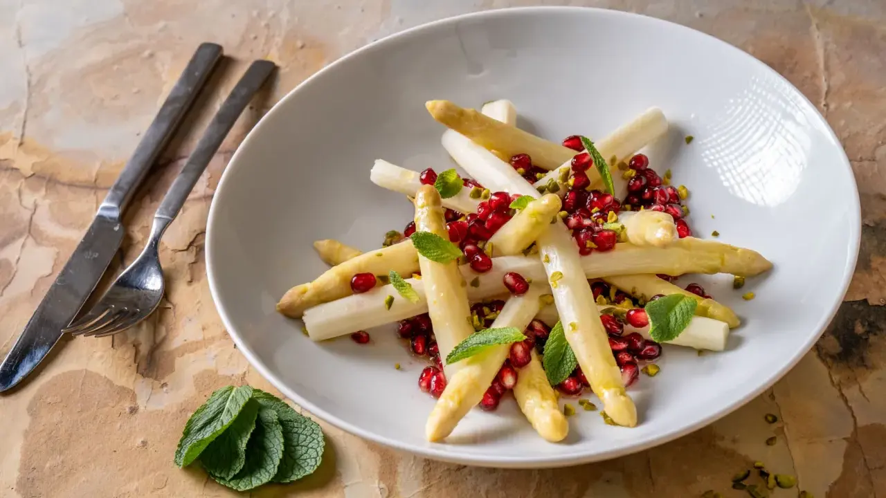 Weißer Spargel mit Granatapfelkernen und Minze, eine histaminarme Delikatesse.