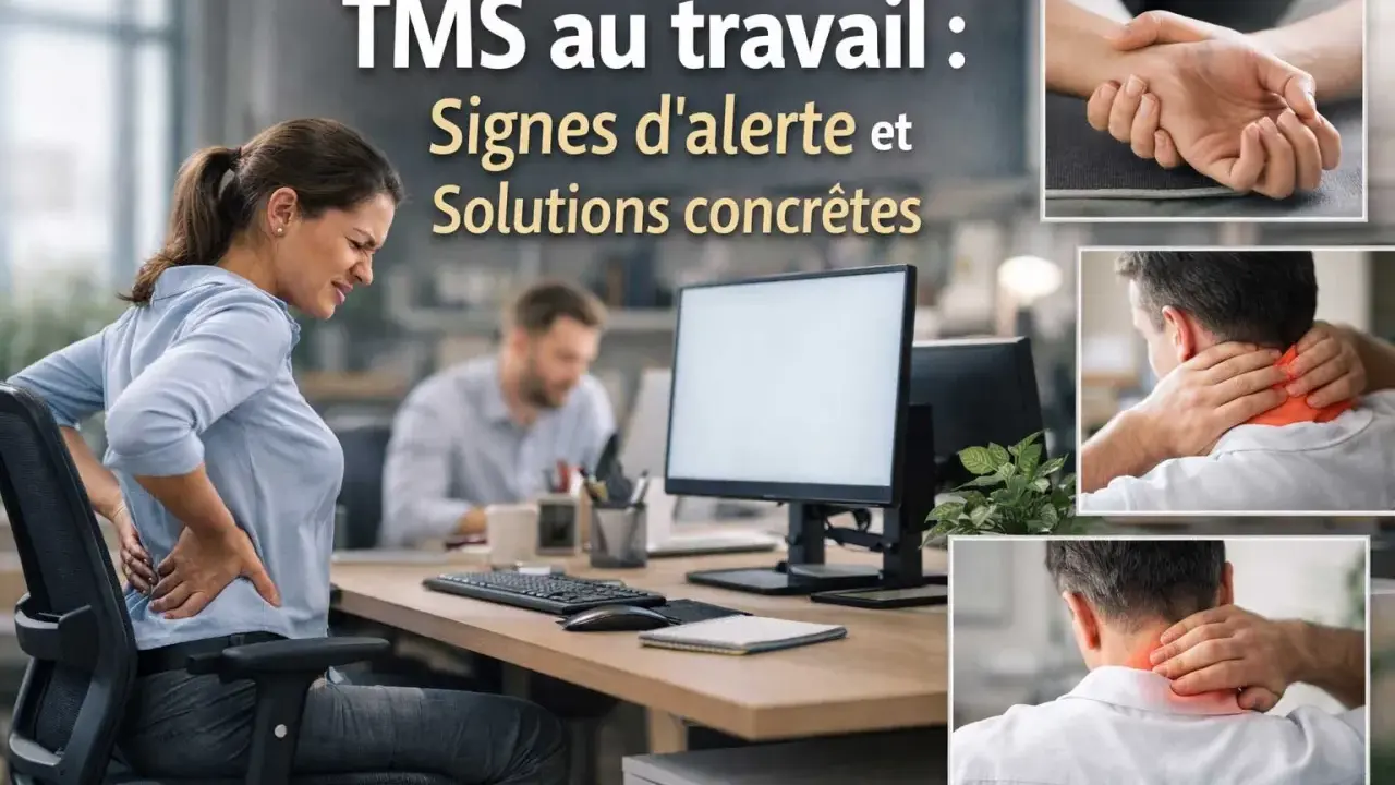 Prévention TMS : une femme souffre du dos au bureau. L'ergonomie et les solutions concrètes sont clés pour éviter ces troubles.