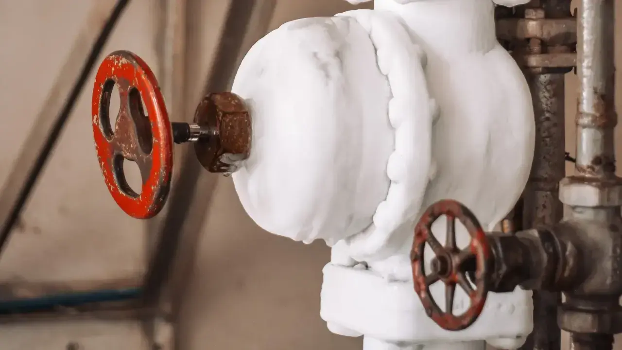 Válvulas de control de la presión de agua en casa, cubiertas de escarcha.