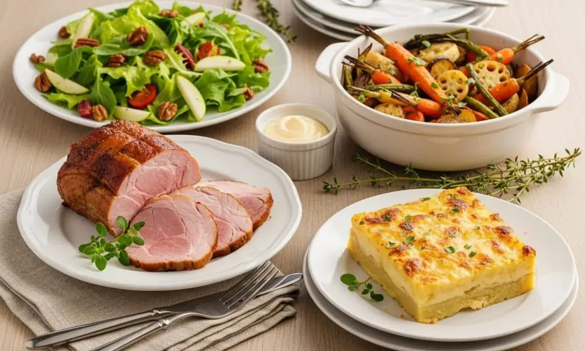 Un rôti de porc tranché, servi avec une salade verte, des légumes rôtis et un gratin dauphinois. Parfait accompagnement froid pour viande.