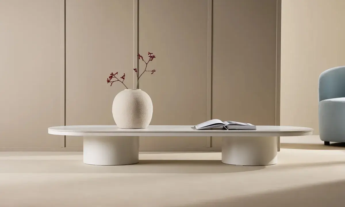 Ett minimalistiskt, coolt soffbord i vitt med en rund vas med torkade blommor och en öppen bok.