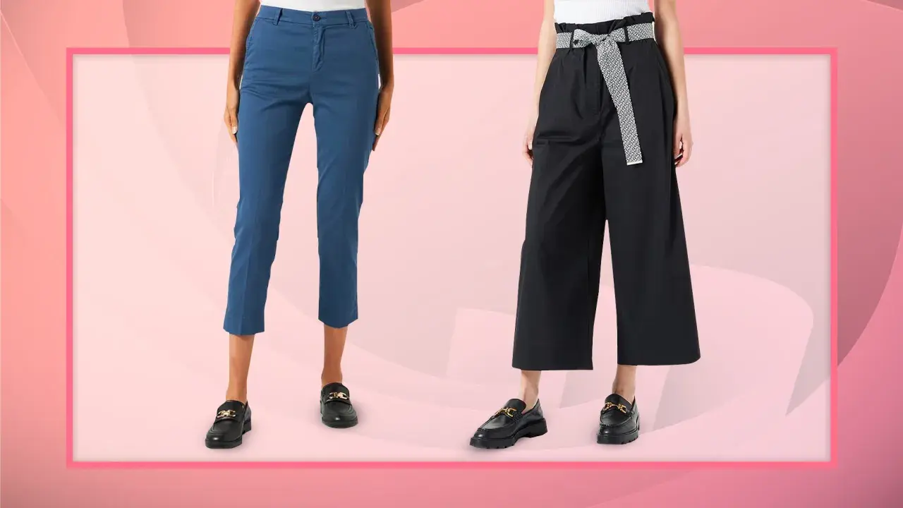 Due modelli di pantaloni cropped outfit: blu slim fit e neri ampi con cintura.