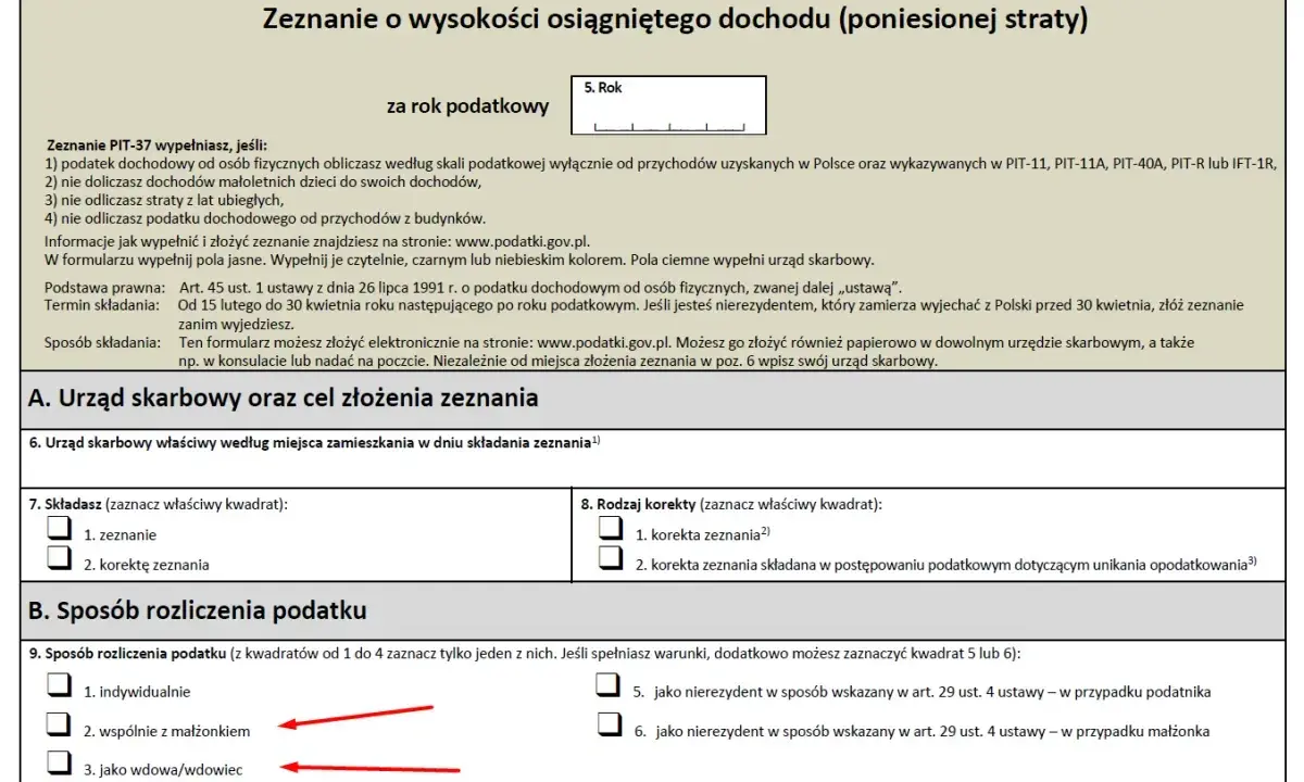 Formularz PIT-37, sekcja "Sposób rozliczenia podatku". Zaznaczone opcje "wspólnie z małżonkiem" i "jako wdowa/wdowiec" mogą sugerować podział majątku po śmierci lub rozwodzie, co jest istotne dla firmy męża.
