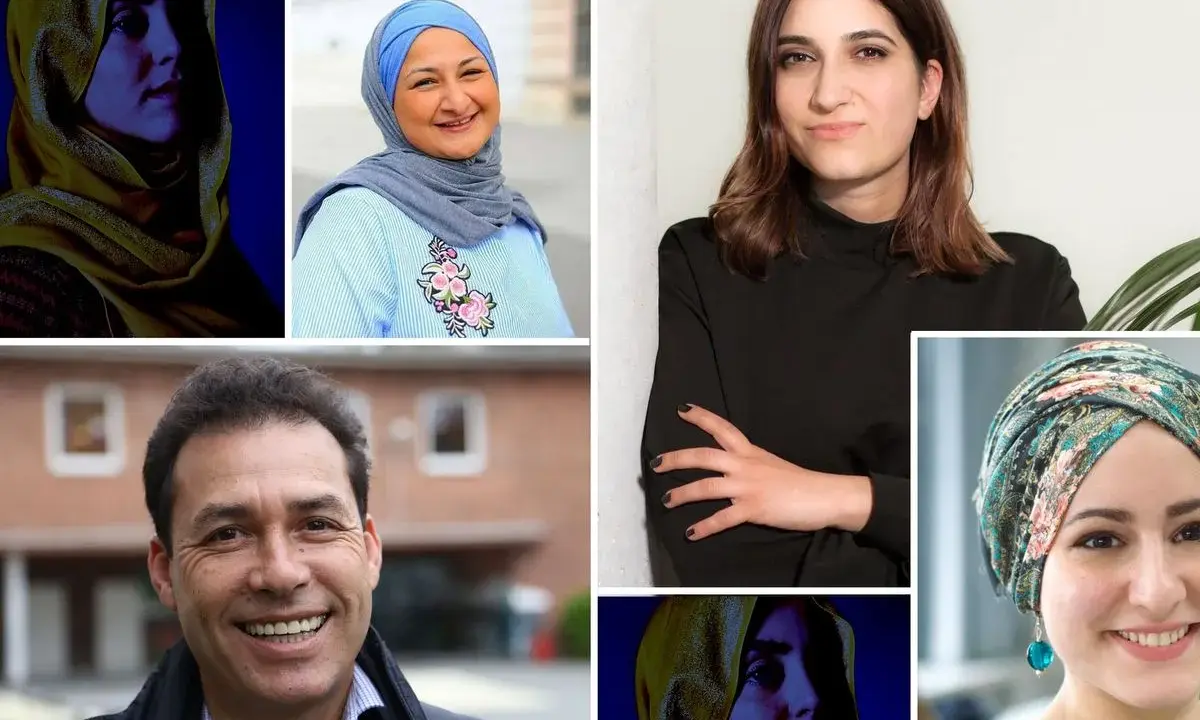 Fünf Frauen und ein Mann. Die Frauen tragen Kopftücher, die Frage "wer darf mich ohne Kopftuch sehen" wird durch die Vielfalt der Darstellungen aufgeworfen.