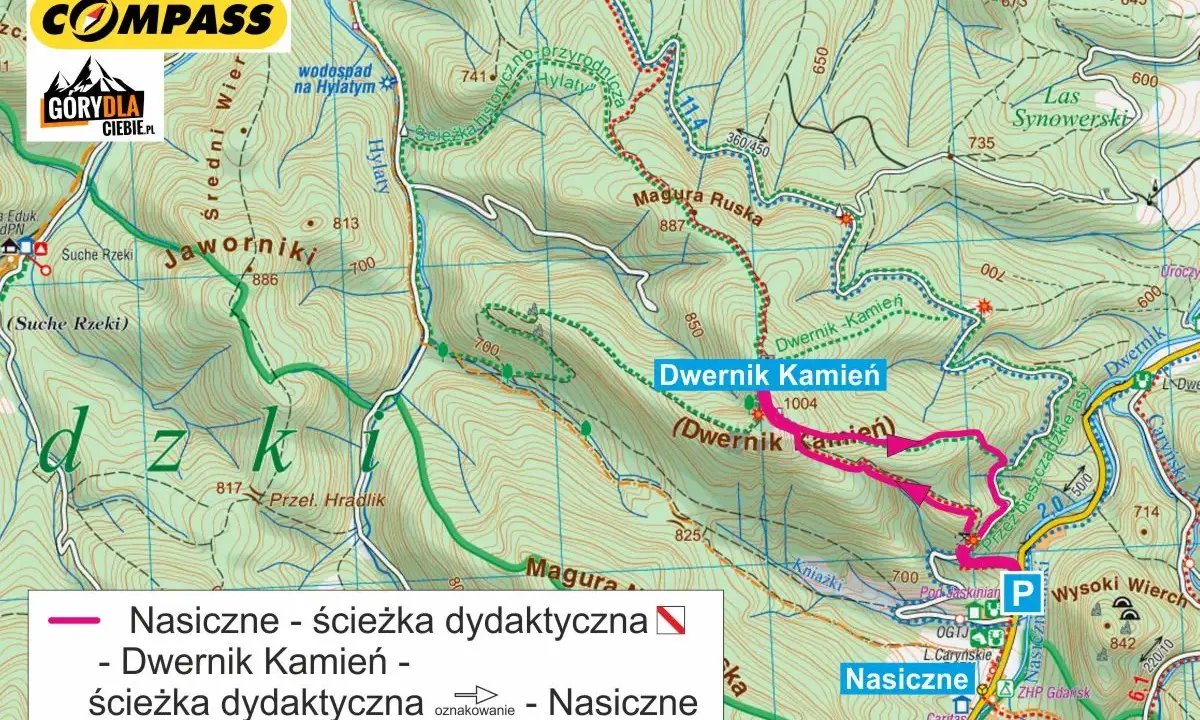 Mapa turystyczna z zaznaczoną ścieżką dydaktyczną "Dwernik Kamień" prowadzącą przez malownicze tereny górskie.