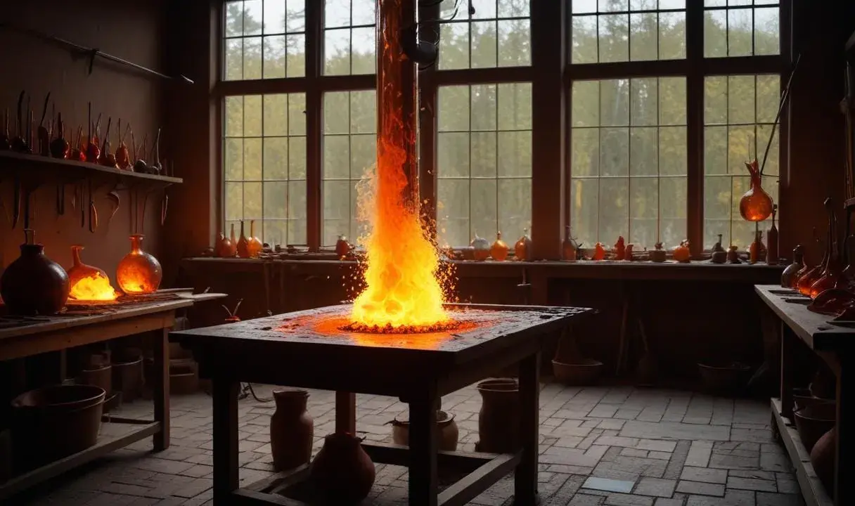 Ett glödande inferno i ett glasbruk i Småland. Verktyg och glasföremål väntar på att formas av elden.