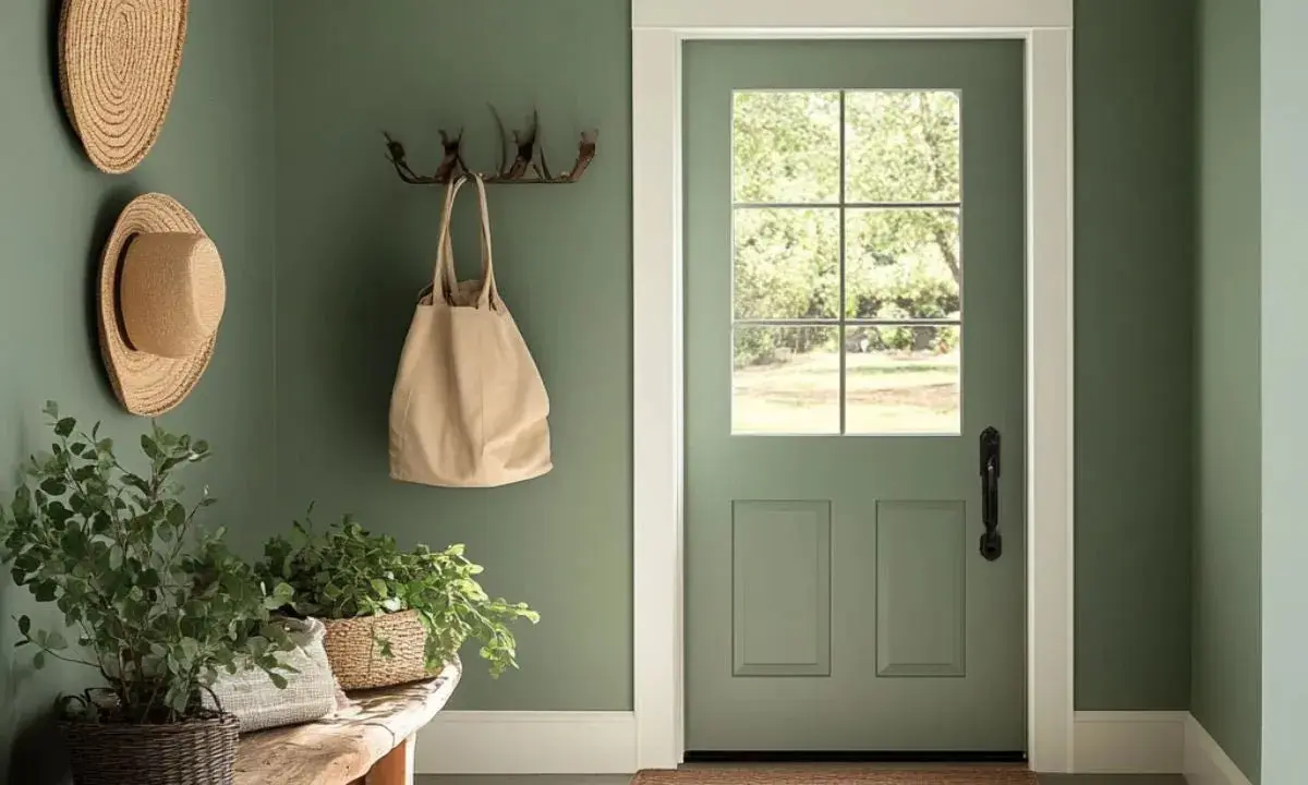 Un recibidor pintado en verde musgo, con sombreros de paja, plantas y un bolso. Inspírate para saber como pintar una habitacion.