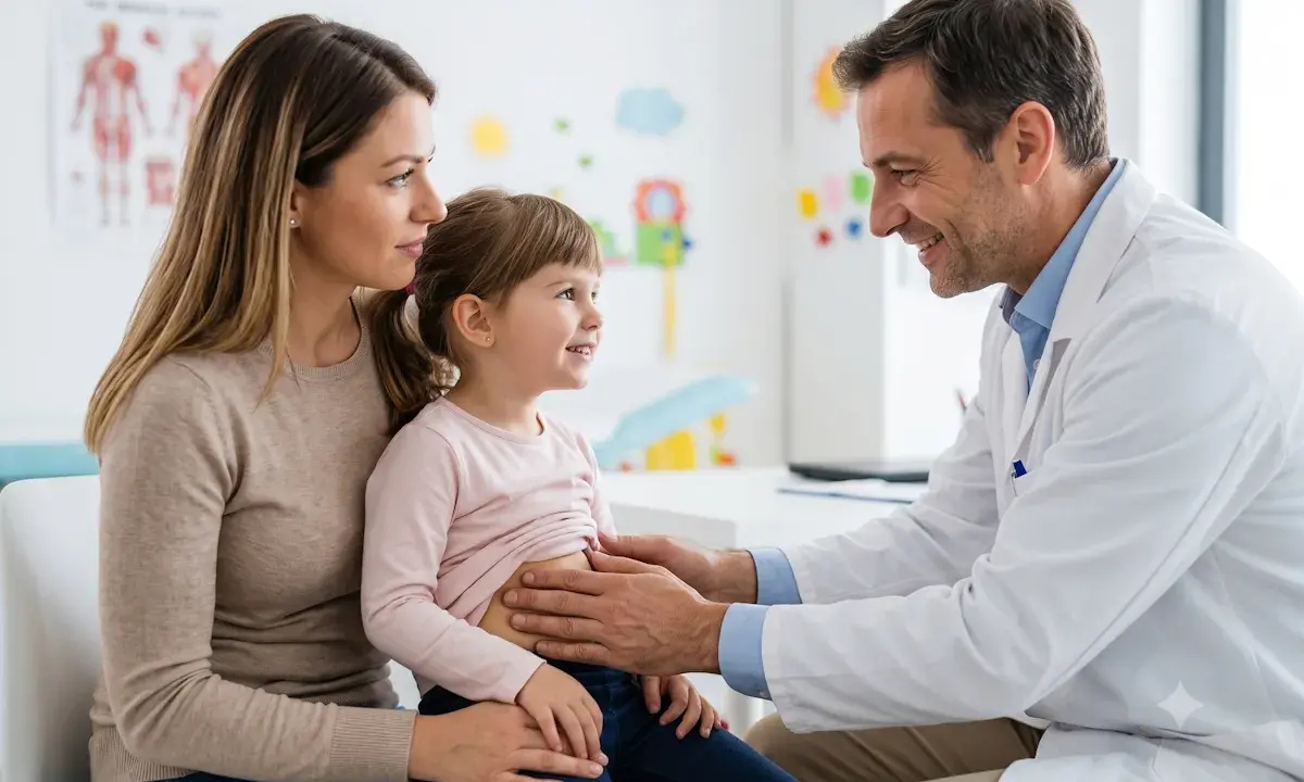 Medico esamina addome bambina con madre, preoccupati per possibile tumore di Wilms.