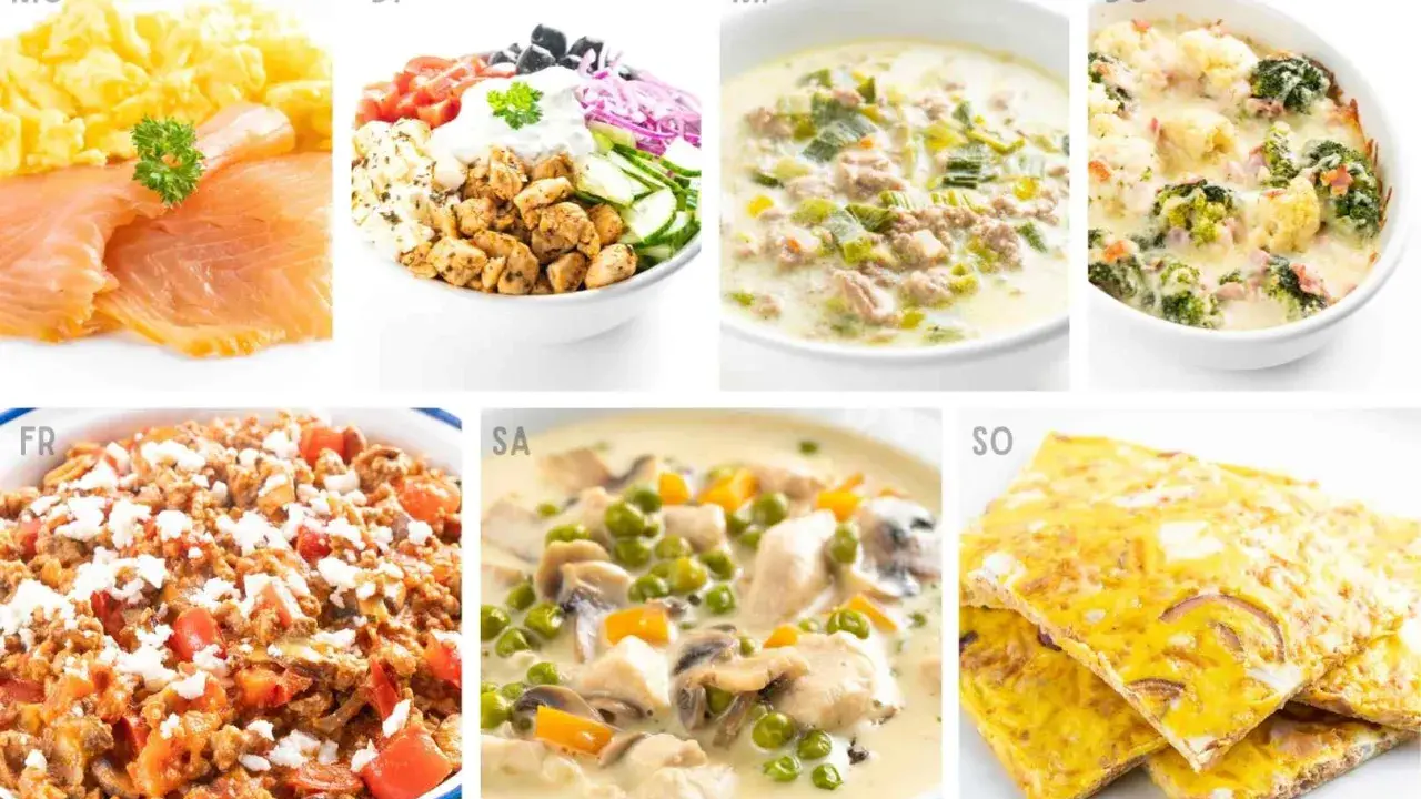 Sieben leckere keto rezepte für jeden Tag der Woche: Rührei mit Lachs, Hähnchensalat, Linsensuppe, Brokkoli-Auflauf, Hackfleischpfanne, Hühner-Gemüse-Eintopf, Omelett.