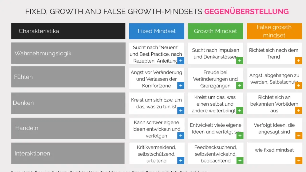 Gegenüberstellung von Fixed, Growth und False Growth Mindsets, basierend auf Carol Dwecks Ideen. Ein Growth Mindset sucht Impulse.
